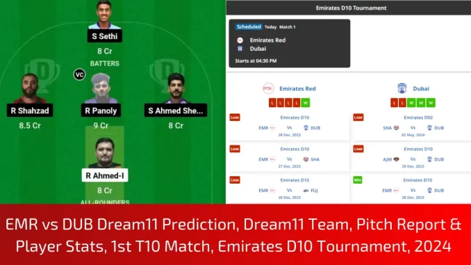 EMR vs DUB Dream11 Prediction, Dream11 Team, Pitch Report & Player Stats, 1st T10 Match, Emirates D10 Tournament, 2024 EMR vs DUB Dream11 Prediction, Dream11 Team, Pitch Report & Player Stats, 1st T10 Match, Emirates D10 Tournament, 2024